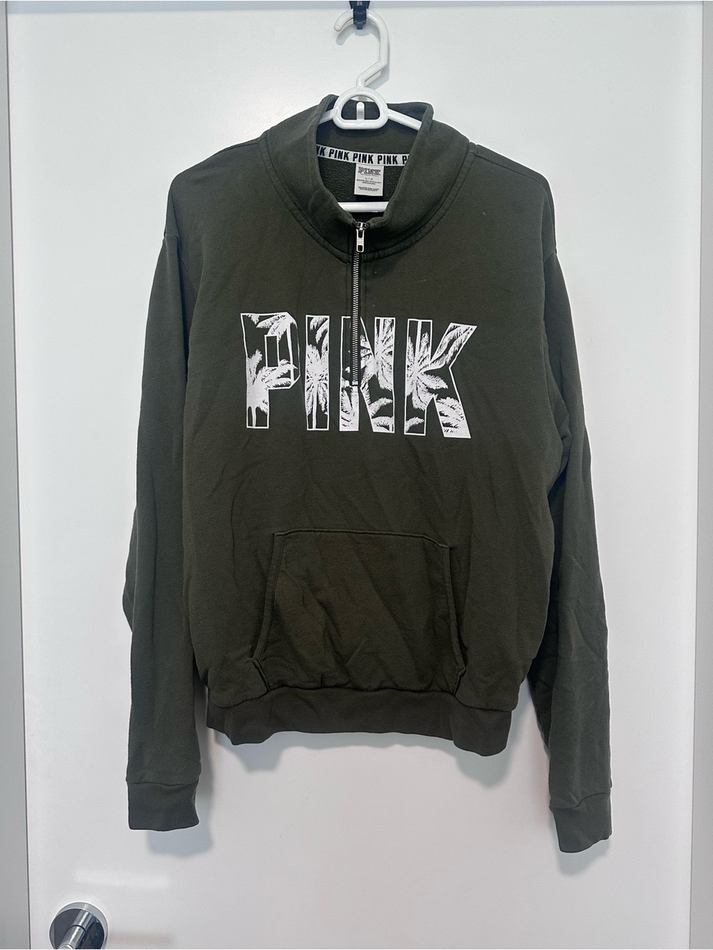 PINK Victoria's Secret Olive Green Half-Zip Crewneck with White Logo